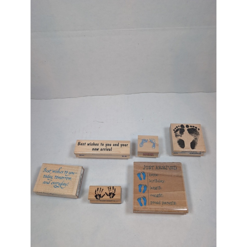 Baby Announcement Rubber Stamp Lot Wood Mounted Footprints New Arrival Birth